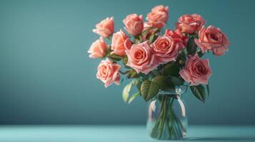 elegante ramo de flores de rosado rosas en un vaso florero en un turquesa antecedentes con suave Encendiendo. foto