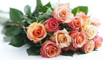 Bouquet of multicolored roses with soft focus on a white background. photo