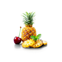 Grilled pineapple slices with caramelized surface maraschino cherry and sprig of mint isolated on transparent png