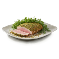 Pork loin with herb crust sliced floating and steaming Food and culinary concept png