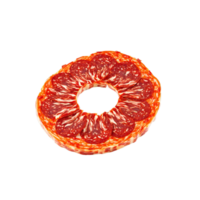 Sliced pepperoni with red edges suspended and spinning Food and culinary concept png