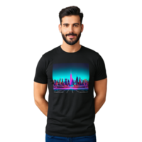 Retro inspired graphic tee featuring a vibrant 80s style neon cityscape mid air Mockup concept png