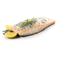 Baked cod fillet with herbs and lemon wedges, shot from the side, with a soft focus on the background png