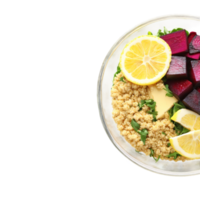 Protein packed quinoa bowl with grilled tofu roasted beets arugula and lemon tahini dressing in png