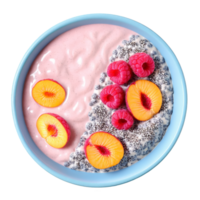 petit déjeuner smoothie bol avec une épais mélange de congelé framboises banane et noix de coco Lait surmonté png