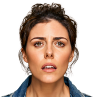 Woman in her 40s with a messy updo and a denim jacket attractive face grieving. Essence of diverse femininity. png