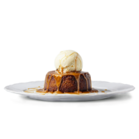 Sticky toffee pudding with caramel sauce and vanilla ice cream melting Food and culinary concept png