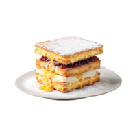 Monte cristo sandwich with powdered sugar jam melted cheese levitating Food and culinary concept png