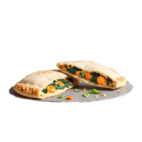 Veggie calzone golden pizza pocket with spinach and ricotta filling spilling out isolated on transparent png
