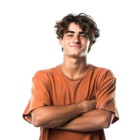 Satisfied young man with crossed arms gesture on isolated transparent background png