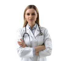 Doctor woman with stethoscope keeping the arms crossed on isolated transparent background png