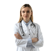 médecin femme avec stéthoscope en gardant le bras franchi sur isolé transparent Contexte png