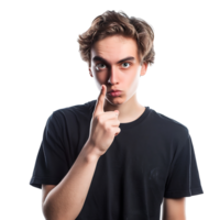 Angry young man asking for silence on isolated transparent background png