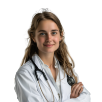 medico donna con stetoscopio conservazione il braccia attraversato su isolato trasparente sfondo png