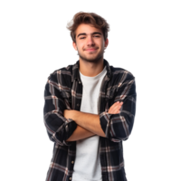 Satisfied young man with crossed arms gesture on isolated transparent background png