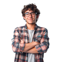 Satisfied young man with crossed arms gesture on isolated transparent background png