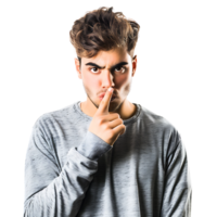 Angry young man asking for silence on isolated transparent background png