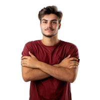 Satisfied young man with crossed arms gesture on isolated transparent background png