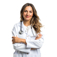 Doctor woman with stethoscope keeping the arms crossed on isolated transparent background png