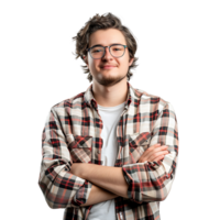 Satisfied young man with crossed arms gesture on isolated transparent background png