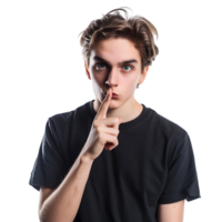 Angry young man asking for silence on isolated transparent background png