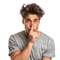 Angry young man asking for silence on isolated transparent background png