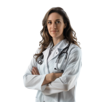 médico mujer con estetoscopio acuerdo el brazos cruzado en aislado transparente antecedentes png