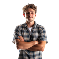 Satisfied young man with crossed arms gesture on isolated transparent background png