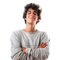 Satisfied young man with crossed arms gesture on isolated transparent background png