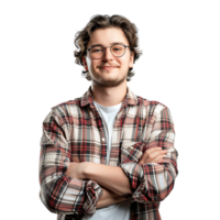 Satisfied young man with crossed arms gesture on isolated transparent background png