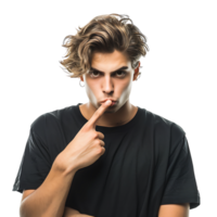 Angry young man asking for silence on isolated transparent background png