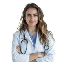 Doctor woman with stethoscope keeping the arms crossed on isolated transparent background png