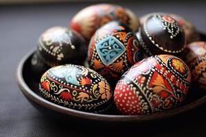 ucranio Pascua de Resurrección huevos en un plato en el mesa. Pascua de Resurrección ornamento. foto