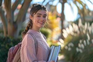 un hermosa sonriente hembra estudiante vistiendo un ligero rosado suéter y participación libros foto