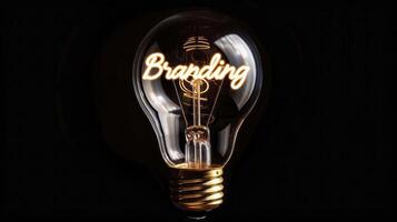 A light bulb with glowing wire forming the word Branding on a black background. photo