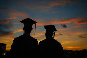siluetas de estudiantes vistiendo graduación tapas en contra el cielo a puesta de sol foto