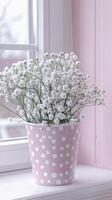 Pink and white polka dot flower pot with baby's breath flowers photo