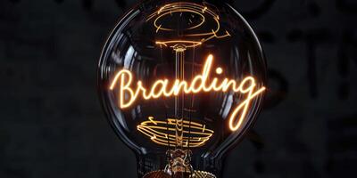 A light bulb with glowing wire forming the word Branding on a black background. photo