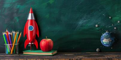 School rocket with color pencils and books on the table, green chalkboard background photo