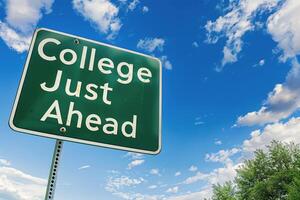 Green road with the words College Just Ahead against blue sky and clouds background. photo