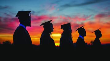 siluetas de estudiantes vistiendo graduación tapas en contra el cielo a puesta de sol foto