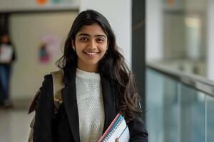 Attractive female student smiling, holding books and notes. photo