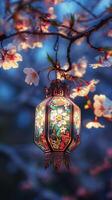A lantern hangs on the branch of a cherry blossom tree photo