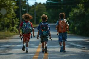 Tres niños con mochilas corriendo hacia colegio foto
