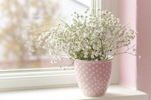 Pink and white polka dot flower pot with baby's breath flowers photo