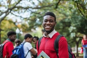 africano americano estudiante participación libros y sonriente a el cámara foto