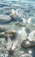 White butterflies floating on the sea photo