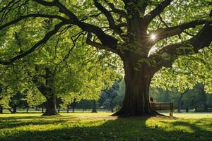 un soleado parque con de madera banco debajo grande arboles en el antecedentes foto