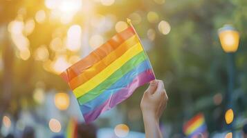 person waving rainbow flag at pride parade or festival, lgbt concept with blurred crowd and bokeh background, sunny day photo