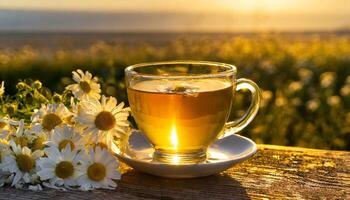 Chamomile tea illuminated by Soft Sunset photo